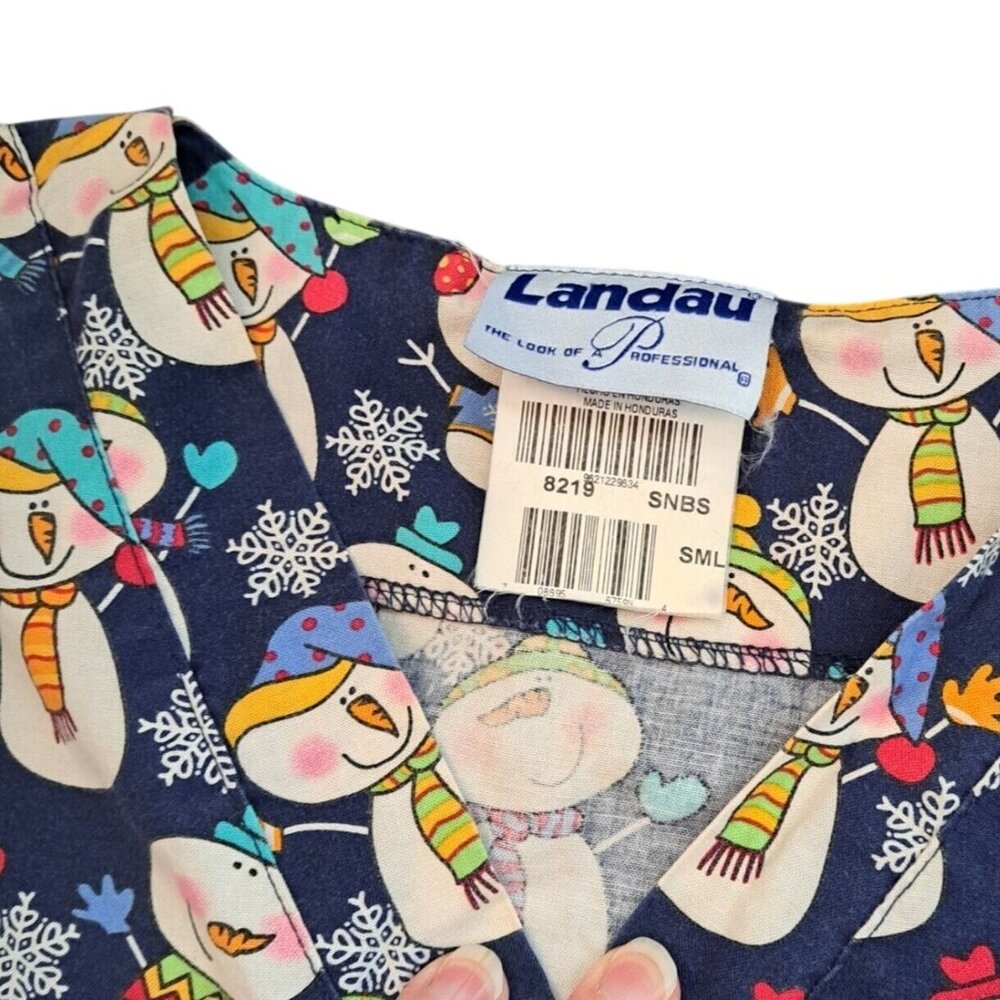 Landau Scrub Top Womens S Navy Snowman Short Sleeve Medical Shirt Pockets V-Neck